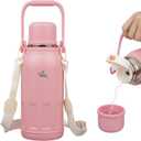Insulated Water Bottle with Handle and Strap,Vacuum Travel Tumbler with Cup Lid,Thermo Coffee Cup for Hot Cold Drinks 40 OZ,Pink