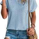 YeonYoonA Women's Eyelet Embroidery Short Sleeve T-Shirt Summer Fashion Clothes Loose Fit Casual Holiday Blouse T Shirt (S, Blue)