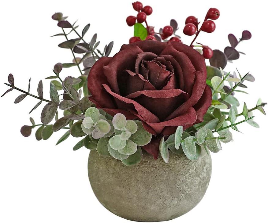 Artificial Flowers Kit with Pot, Combination of Fake Silk Burgundy Red Roses and Greenery,Small Plant Potted Decor for Offices,Bookshelf,Bedroom, Living Room,Party,Wedding Decorations