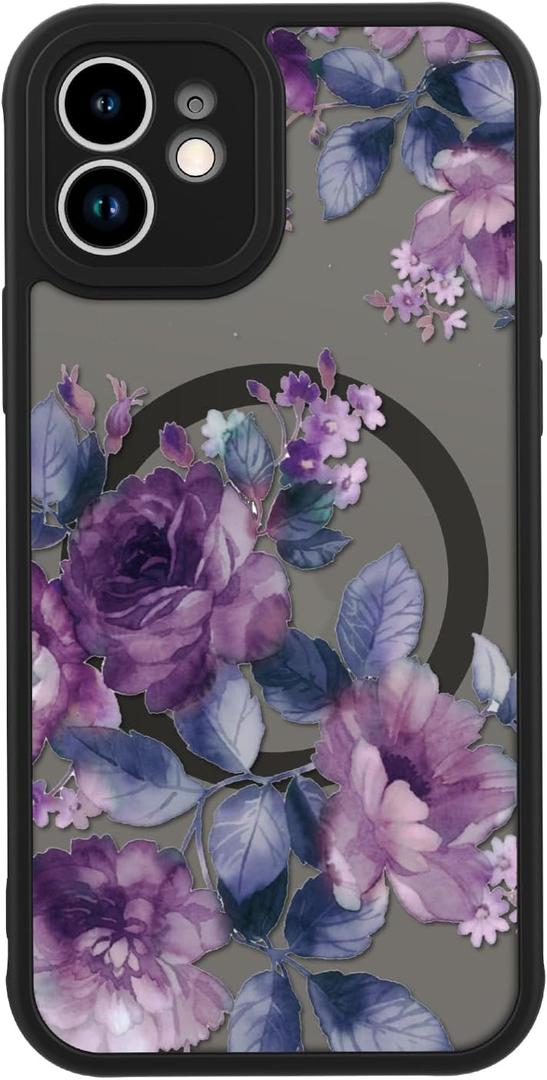LUHOURI for iPhone 12 Case Cute - Wireless Charing Compatible,Trendy Floral Design for Women Girls,Military-Grade Shockproof Not-Slip Matte Phone Cover, Elegant Purple Floral