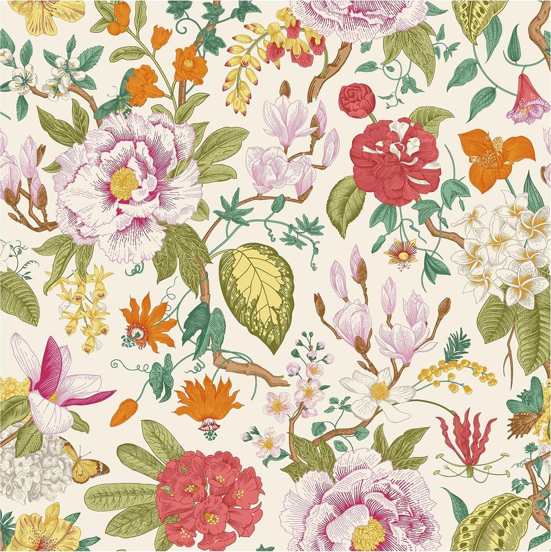 Blooming Wall DPYC02-1 Vintage Peony and Spring Flowers Textured Peel and Stick Wallpaper Self-Adhesive Prepasted Wallpaper Wall Decor (Beige Background)