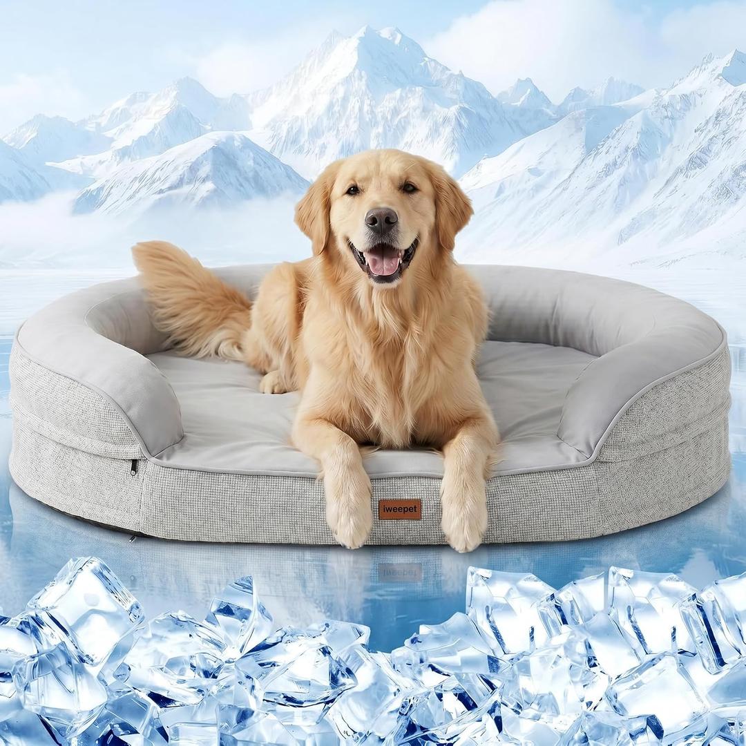iweepet Cooling Orthopedic Dog Beds for Large & Extra Large Dogs,Summer Dog Sofa Bed with Supportive 28D Egg-Crate Foam, Removable Washable Cover, Waterproof Lining, 44’’,Grey