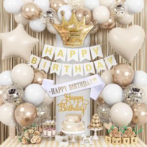 Birthday Decorations for Women, Champagne Gold Birthday Decortion White Beige Neutral Cream Gold Latex Balloons Banner Fringe Curtain for Women Girls Boho Party Supplies
