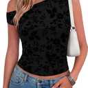 Lazysmile Womens Summer Floral Off Shoulder Tops Sleeveless Ruched Slim Fit Shirts Blouse Y2K Going Out Mesh Tank Tops (XX-Large, Black)