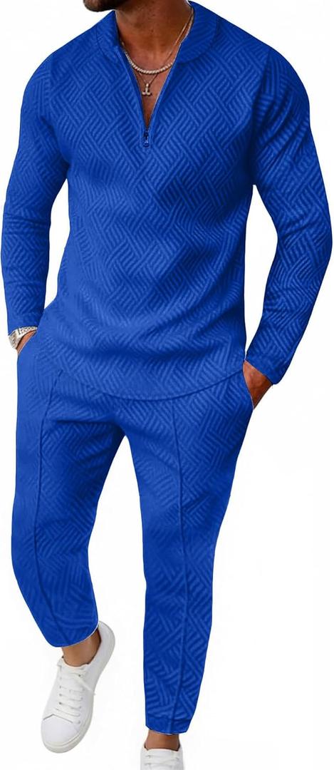 Bealin Mens Track Suits 2 Piece Long Sleeve Zip Polo Shirts & Sweatpants Textured Athletic Sweatsuit Casual Joggers Sets (Large, Blue)