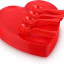 Layhit 10 Pieces Valentines Heart Shaped Plates Spoon Set Include 18 Pcs 10 Inch Valentines Day Heart Shaped Food Tray 10 Pcs Plastic Spoon Salad Dessert Plate for Party Supplies(Red)
