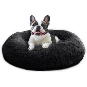 JOLLYVOGUE Calming Dog Beds Large Sized Dog, 36in Donut Washable Large Pet Bed, Anti-Slip & Anti-Anxiety Fluffy Faux Fur Round Dogs Bed, Fits up to 80 lbs Pets (Black)