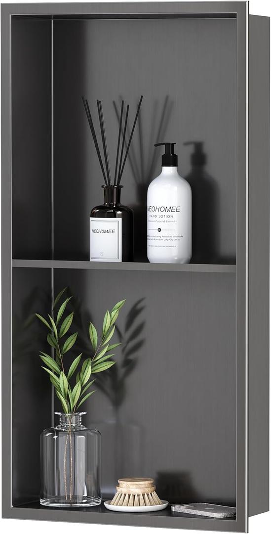 Neodrain 12X24 Inch Shower Niche, Gun Metal 2-Tier Stainless Wall Niche NO Tile Needed Recessed Cabinet for Bathroom Storage