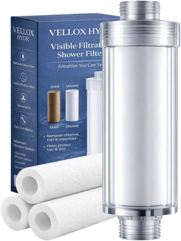 Vellox Hydr Shower Filter with Visible Effectiveness to Remove Chlorine, Rust and Impurities, Protect Hair and Skin, Leak Proof Design, 0.5 Micron Filtration, 3 Replacement Filters