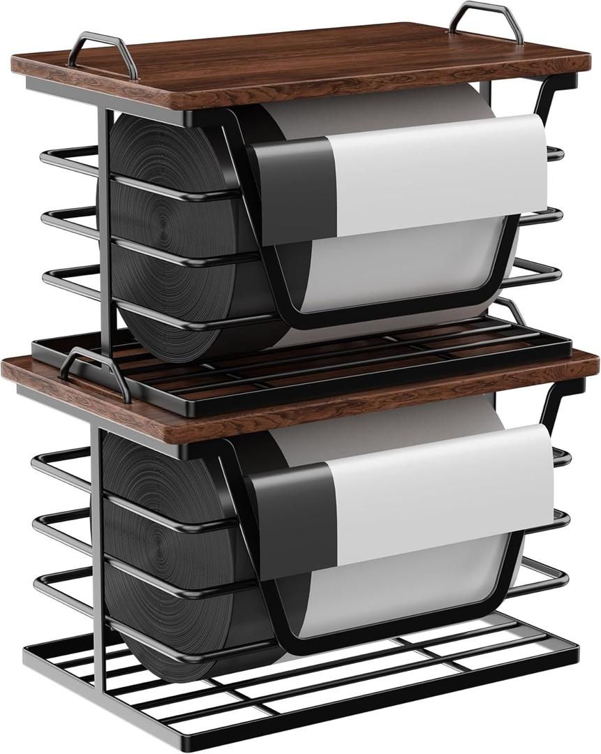 2 Pack Stackable Trash Bag Holders with Wood Top, Large & Small Garbage Bag Dispenser for Kitchen, Pantry, Laundry Room Organization, Wall Mount or Countertop Use, Black