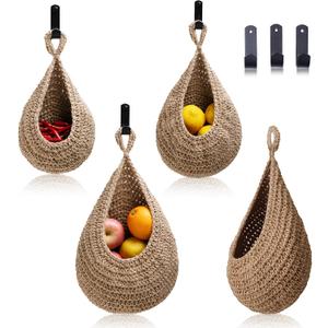 Hanging Fruit Basket Set of 3, Boho Wall Hanging Storage Jute Basket for Organizing & Decor, Handmade Teardrop Hammock Holder for Onion Fruit Vegetable in Home & Restaurant Kitchen with Hooks (Linen)