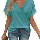 T Shirts Short Sleeve V Neck Tees Womens Tops Beach Vacation Fashion Clothes 2025 Casual Summer Spring Fall Outfits Lake Blue Size L