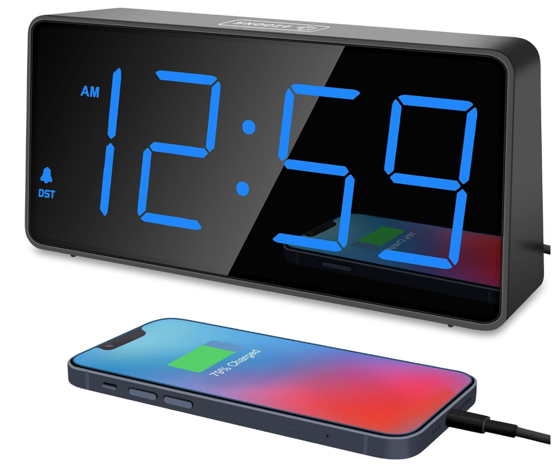 Peakeep Digital Alarm Clock for Bedroom Bedside, Loud Alarm Clock for Heavy Sleepers, Large Big LED Numbers for Seniors, Battery Backup Plug in Electric Clock with USB Charger (Blue)