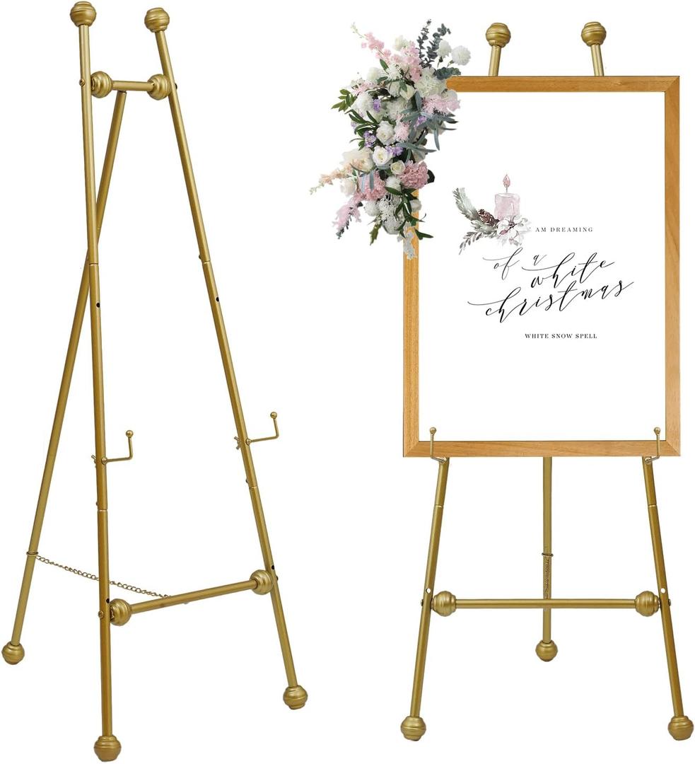 Metal Easel Stand with Chain Support for Mirror,58 Inch Iron Adjustable Arts & Crafts Easels,Floor Easels for Display Wedding Sign(Gold)