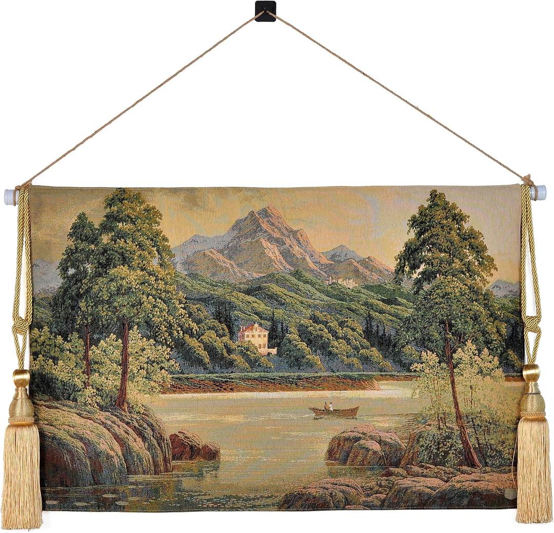 Vintage Nature Tapestry Wall Hanging Set with Telescopic Rod & Tassels - Jacquard Woven Fabric Aesthetic Country Landscape Wall Tapestry for Bedroom/Living Room Decor Green Art (42"x27") (Earthy - greens, lake scene with boat and hills)