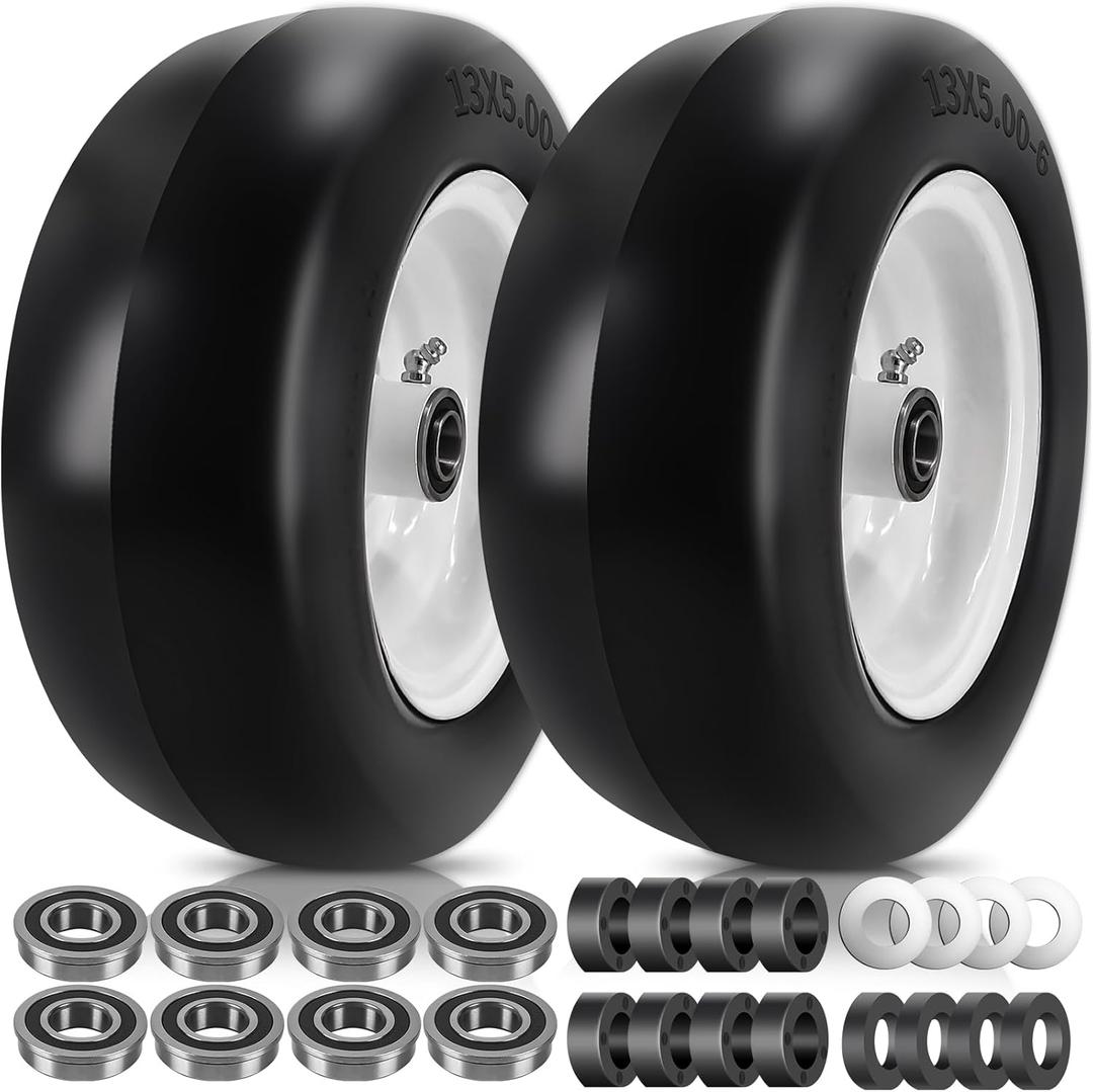 13x5.00-6" Lawn Mower Solid Smooth Tire and Wheel with 3/4"& 1/2" & 5/8" Bearings,3.25"- 6" Centered Hub, Mower Front Tire Assembly Compatible with Lawn Mower Garden Tractor