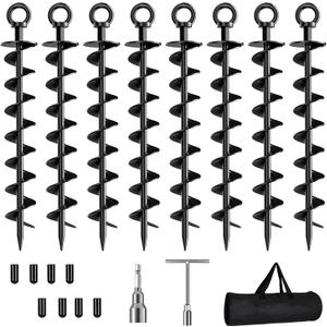 Ground Anchor Screw in, 8 Pack Spiral Trampoline Anchors with Nut and Tool Swing Set Anchors Tent Stakes High Wind Heavy Duty for Sheds, Carports, Mobile Home Black