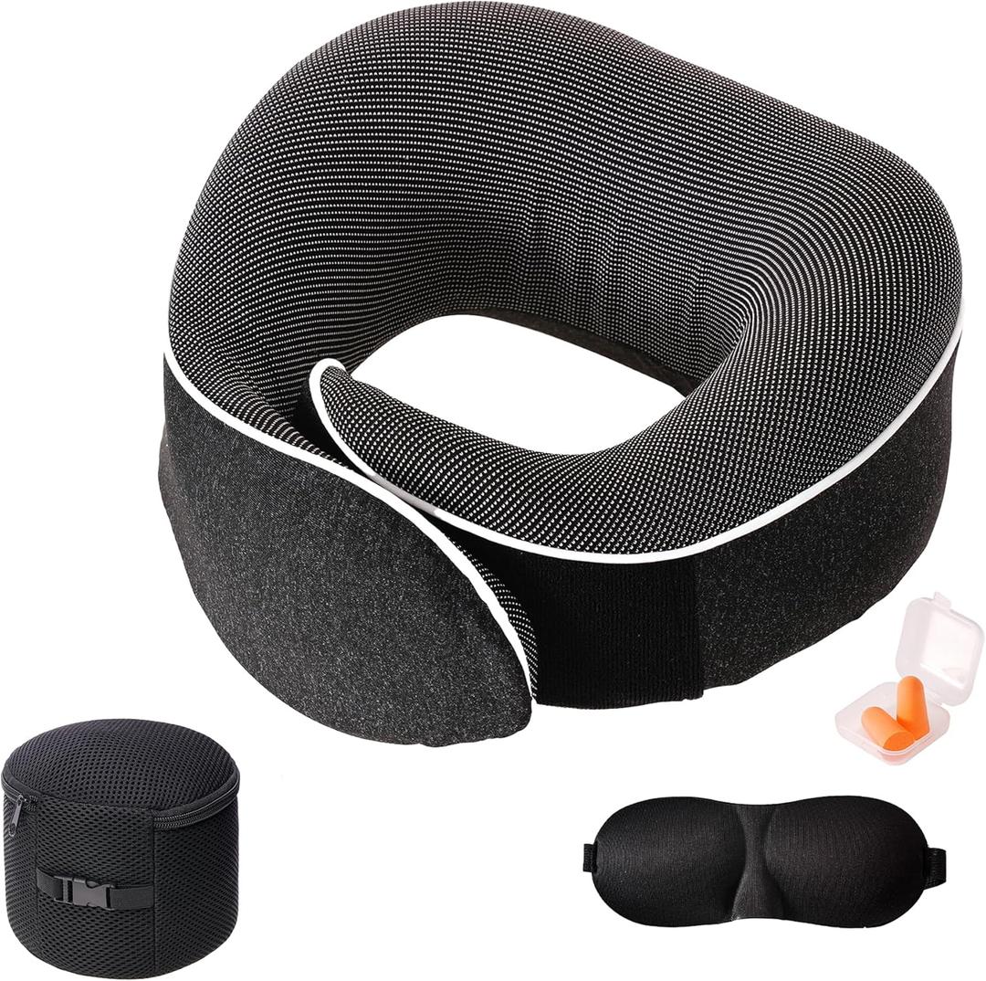 Travel Pillow,Travel Neck Pillows for Airplanes,Memory Foam 360 Degree Support Pillows Comes with Eye Masks,Earplugs,Ideal Accessory for Sleeping Traveling,Offices and Cars (Black)