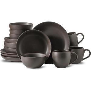Dinnerware Sets, Stoneware Plates and Bowls Sets, Farmhouse 16 Piece Dish Set for 4, Ceramic Plates Set with Mugs for Kitchen, Scratch Resistant, Dishwasher & Microwave Safe, Matte Black