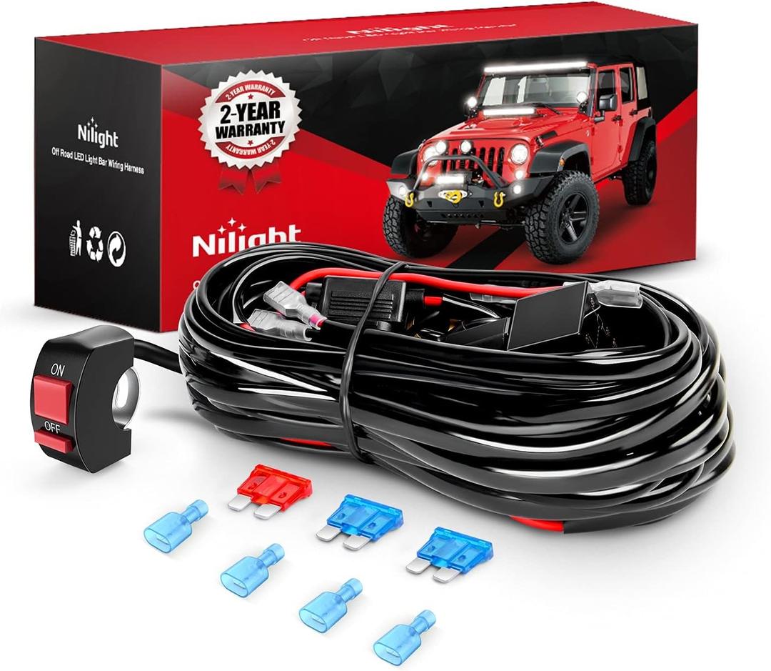 Nilight LED Light Bar Wiring Harness Kit Motorcycle Handlebar Push Button Switch 16AWG 2 Leads 12V On Off for ATV UTV Driving Lights 7/8inch (Wiring Harness Motorcycle)