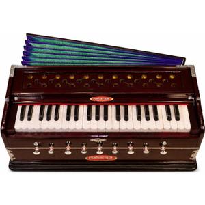 Harmonium Musical Instrument, Maharaja Musicals, 9 Stops, 3 1/2 Octave, Double Reed, Coupler, Dark Mahogany, 2024-25 Model, Standard, Padded Bag, A440 Tuned, Indian Sangeeta Harmonium - DC