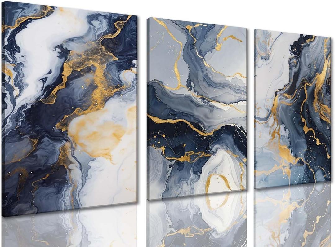 ZQARTZZQ 3Pcs Modern Abstract Canvas Framed Wall ArtNavy Blue and Gold Wall Art Decor Posters Prints For Living Room Bedroom Bathroom Office 12x16in
