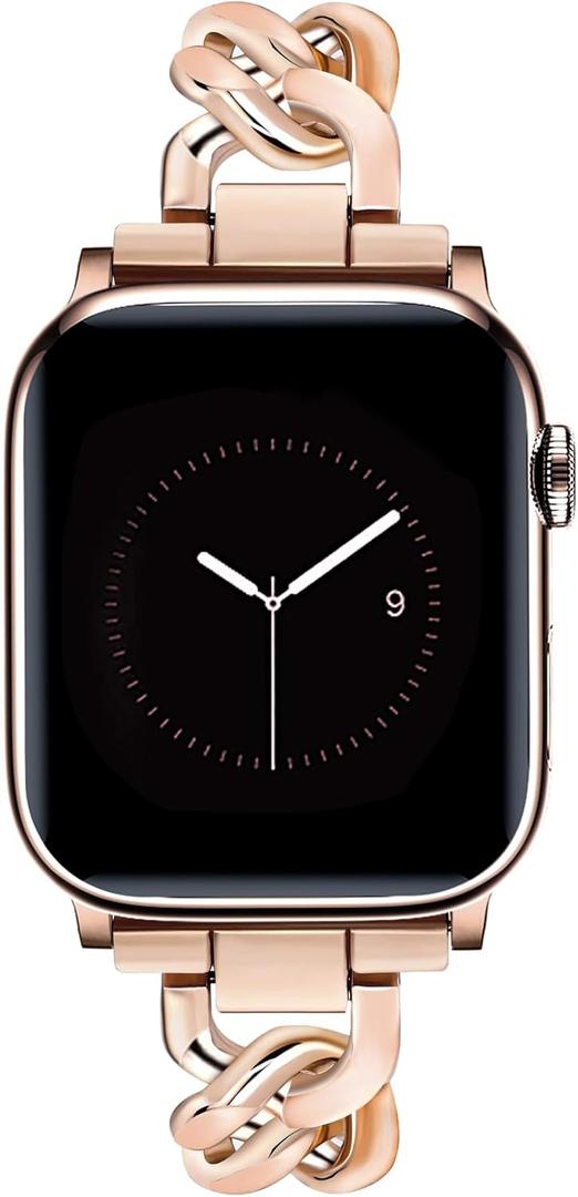 JR.DM Rose Gold Watch Bands for Women Compatible with Apple Watch 38mm 40mm 41mm 42mm(S10/11) Adjustable Metal Cowboy Steel Single Chain Bracelet for iWatch Series 11/10/9/8/7/6/5/4 SE 3/2/1(No Case)