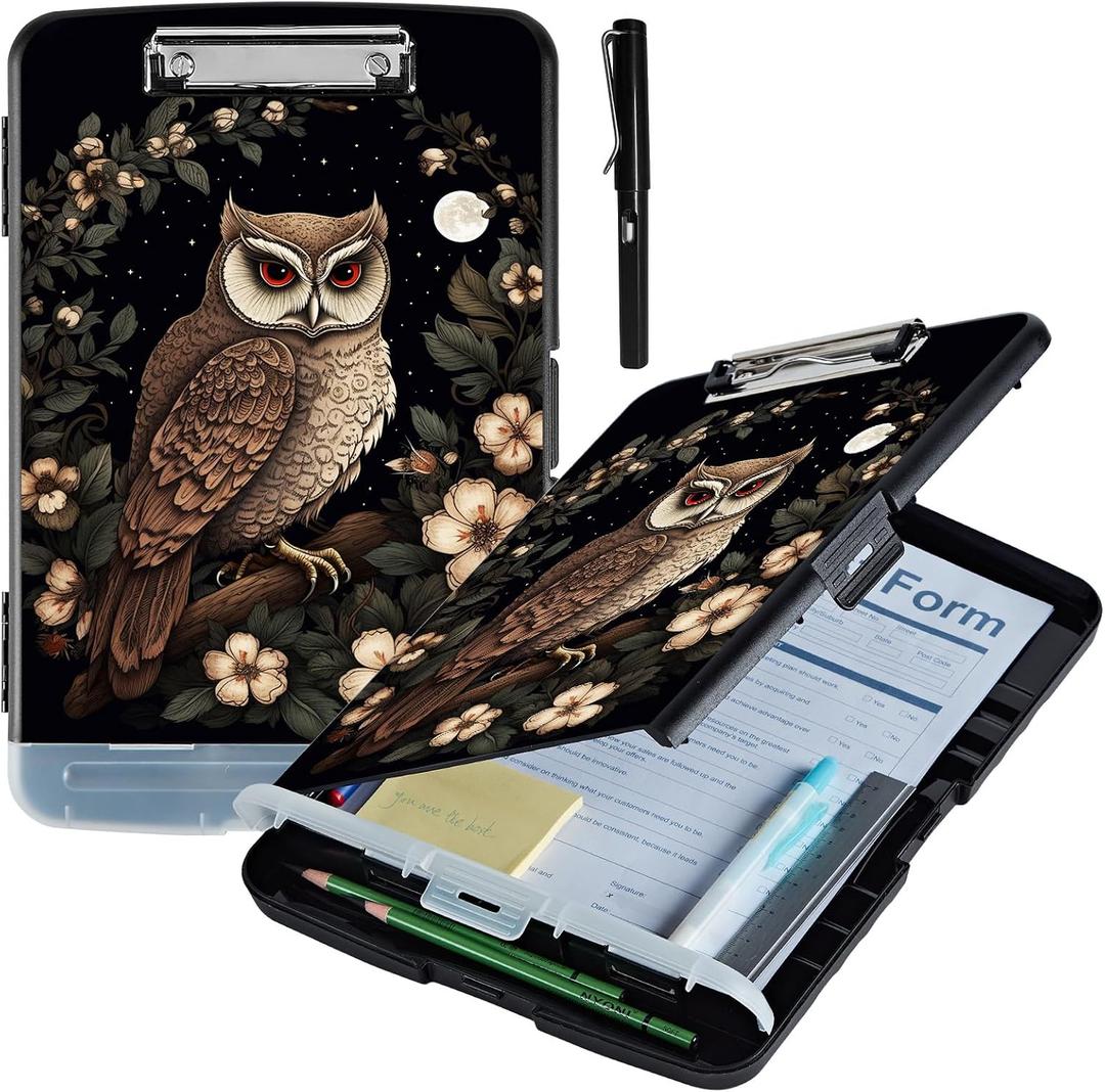 Metal Clipboard with Storage,High Capacity Nursing Clipboards with Pen Holder,Heavy Duty Storage Clipboard Folder Folio,Side-Opening,for School & Office Supplies,with A Pencil,Cute Owl Floral