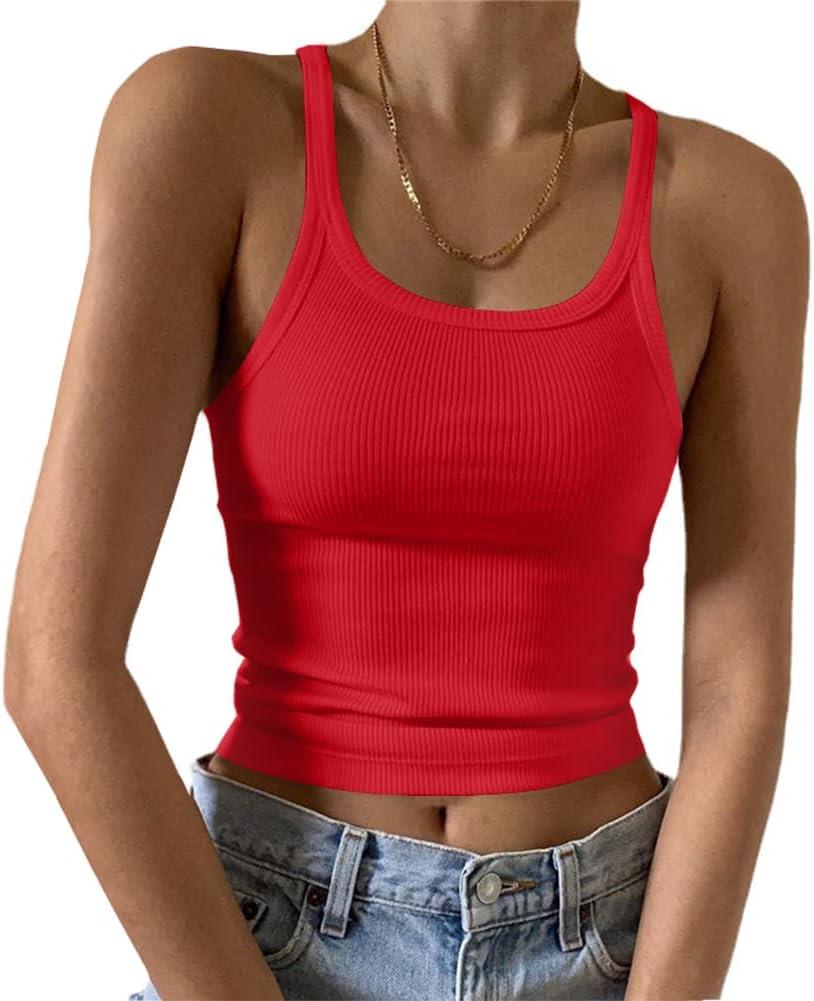 Artfish Women's Sleeveless Tank Top Form Fitting Scoop Neck Ribbed Knit Basic Cami Shirts (01#short Bright Red, Small)