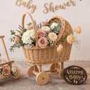 Wicker Baby Carriage for Baby Shower Vintage Wicker Stroller Woven Rattan Flower Basket Rustic Decorative Cart Storage with Handle for Floral Arrangement Wedding Photo Props(Wood Color,16 in)