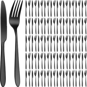 Nuenen 100 Pieces Stainless Steel forks and knives Dinner Flatware Set Tableware Cutlery for Butter Kitchen Restaurant, Dishwasher Safe(Black,8.4 Inches, 7.1 Inches)