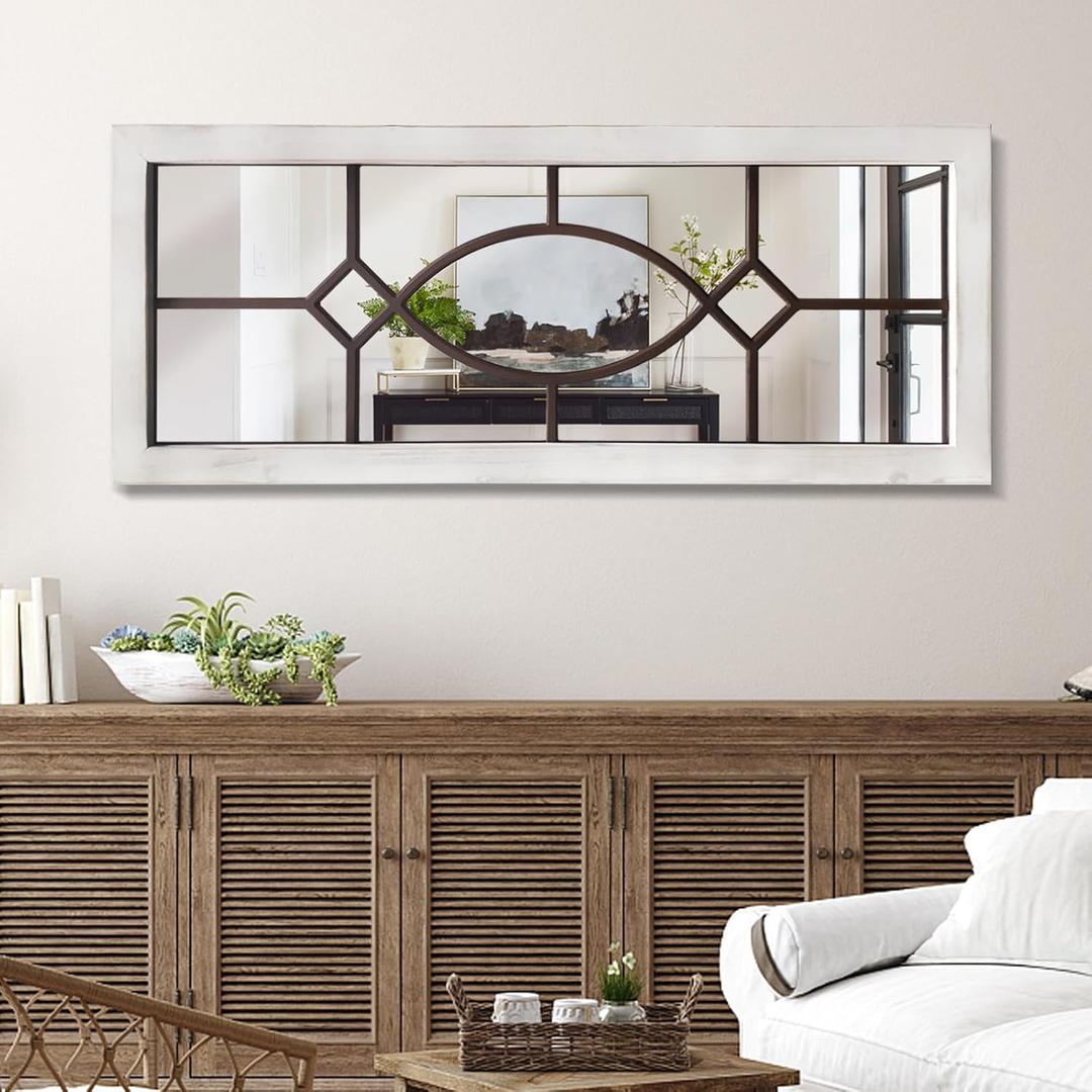 Farmhouse Mirror for Wall Decor: 43.3" x 17.7" Large Rustic Windowpane Mirrors with Wooden Frame- Decorative Entryway Mirror for Living Room/Bedroom/Hallway/Fireplace (White)