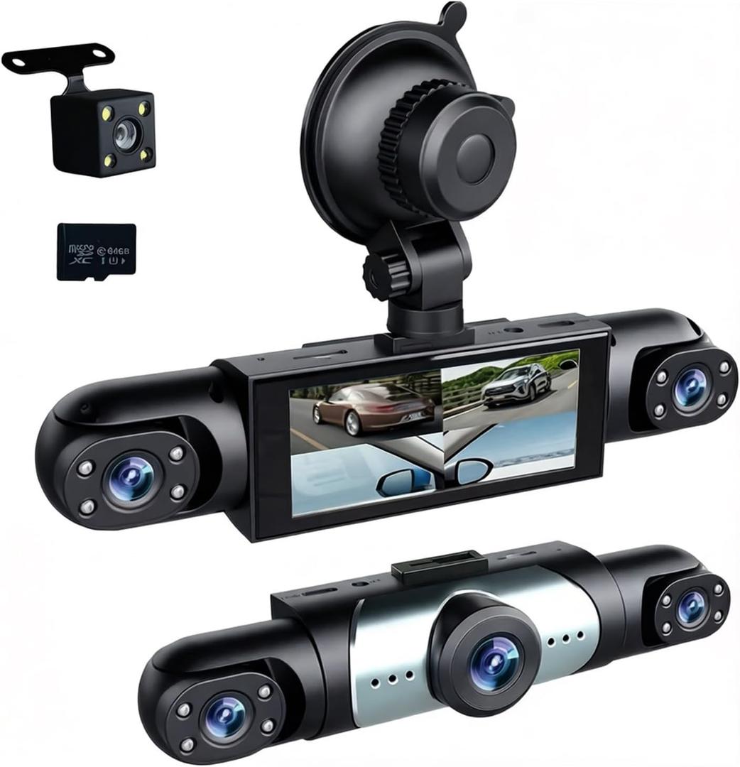 360 Full View Dash Cam Front and Rear Inside, 4 Channel Dashcam 1080P Full HD Dash Camera for Cars with Infrared Lamps Night Vision G-Sensor, Parking Mode, 64GB SD Card Car Accessories