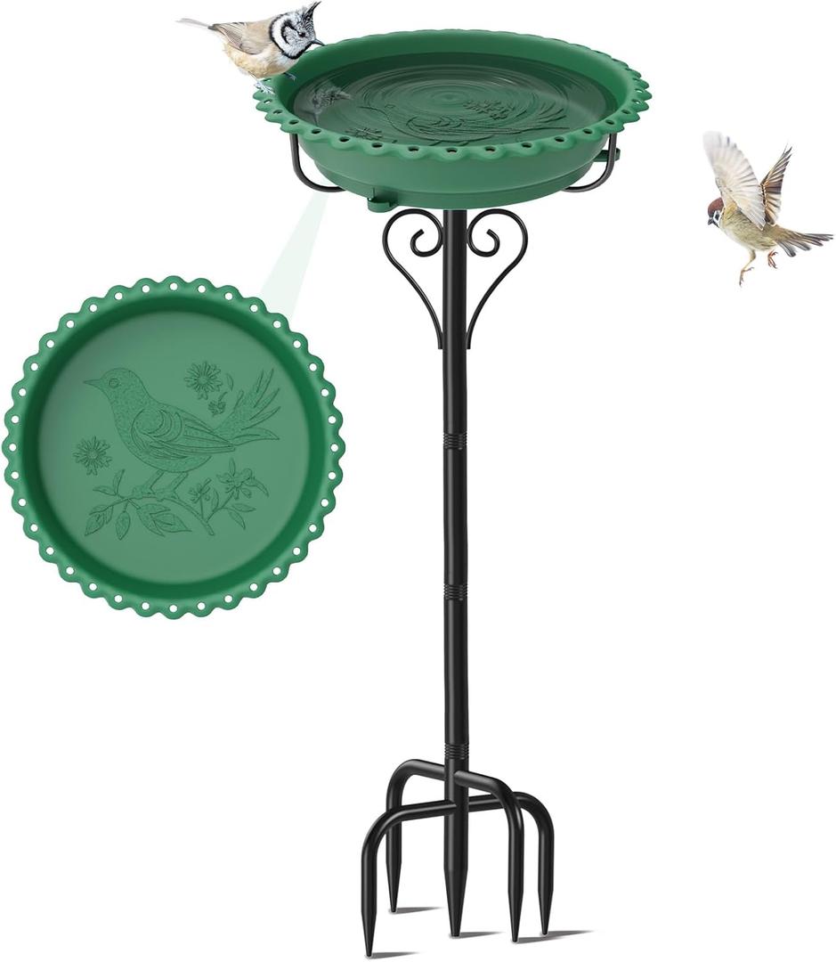 40In Bird Bath for Outside,Freestanding Birdbath & Birdfeeder with Metal Stake,Vintage Birdbaths Water Bowl with 5 Prongs Base for Outdoor Garden Yard Decor (Green)