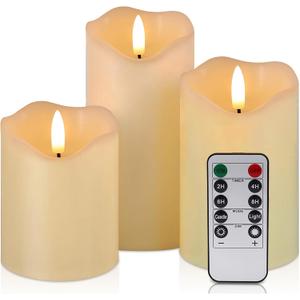 Flickering Flameless Candles with Remote and Timer, Realistic LED Candles, Battery Operated Candles for Christmas Home Wedding Birthday Decoration, Real Wax Set of 3(Ivory White)