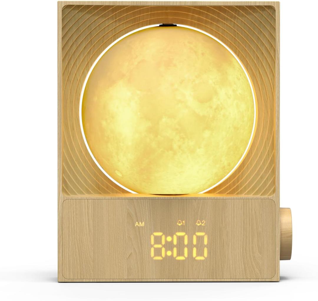 Sunrise Alarm Clock, 360-Degree Rotating Moonlight & 10 White Noise Sounds, Dual Alarm & Snooze for Heavy Sleeper, Timer, Wooden Bedroom Light Gift - Wood