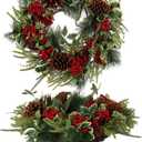Christmas Wreath for Front Door 22 in Artificial Pine with Red Berries and Pinecones, Full and Lush Holiday Door Decoration for Indoor/Outdoor Use  Handcrafted Festive Greenery Wreath (Holly Leaves)