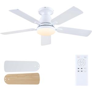 Ceiling Fans with Lights, 46'' Low Profile Ceiling Fan with Light and Remote, Modern Flush Mount Ceiling Fan for Bedroom Living Room Kitchen, LED Dimmable Reversible Quiet DC Motor, White 