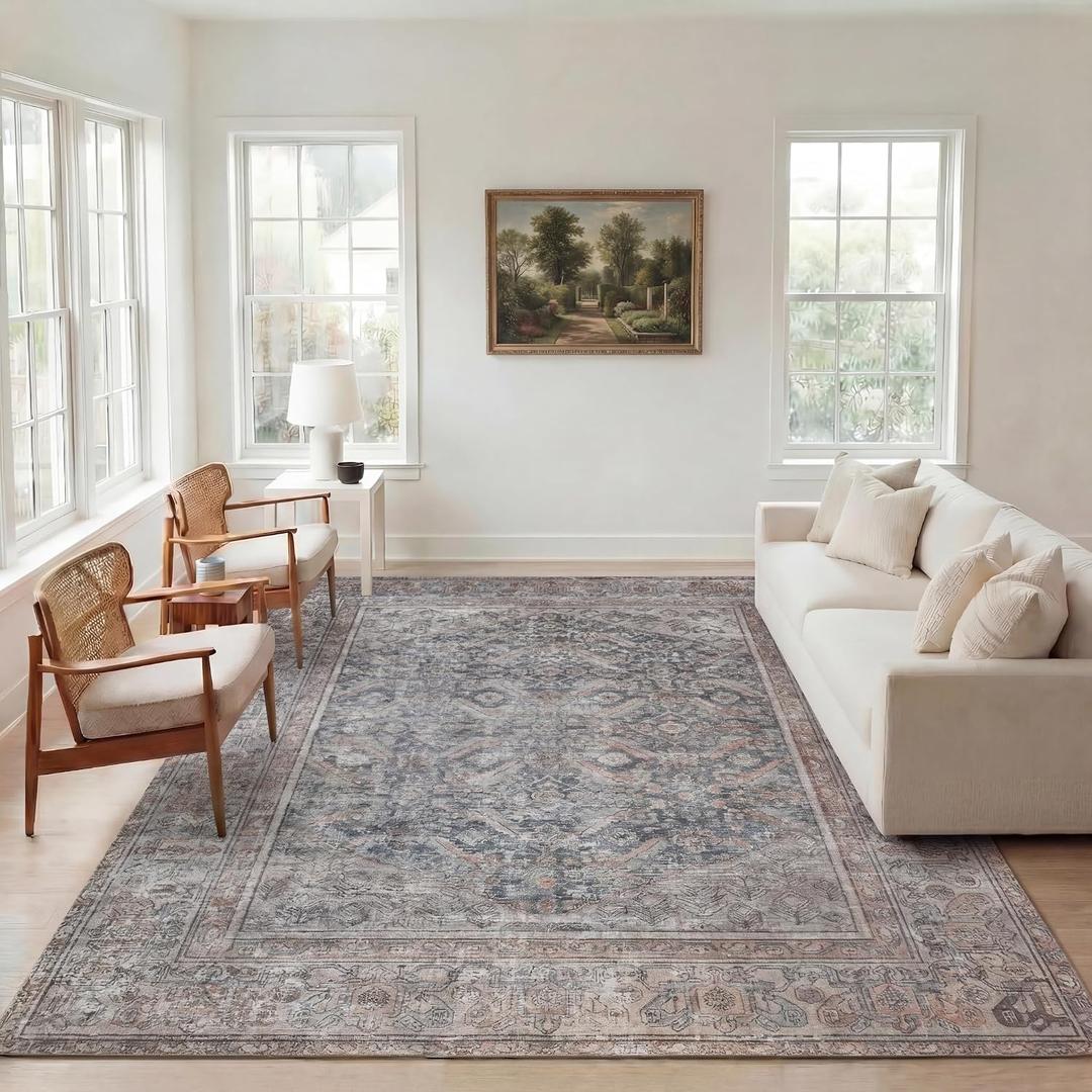 Kuden 8x10 Large Area Rug, Machine Washable Area Rug with Non-Slip Backing, Vintage Style, Soft, Easy Clean, Low Pile Rug for Living Room, Bedroom, Dining Room, 8' x 10' Rectangular