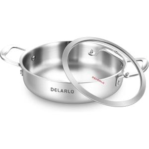 DELARLO Tri-Ply Stainless Steel 3QT Saute Pan With Lid, 12 Inch Deep Frying Pan, Induction Large Skillet, Cooker Pan, Dishwasher & Oven Safe
