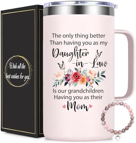 Lifecapido Daughter in Law Mothers Day Gifts, 20oz Insulated Coffee Mug with Bracelet, Birthday Christmas Mothers Day Gifts for Daughter in Law, Rose Quartz