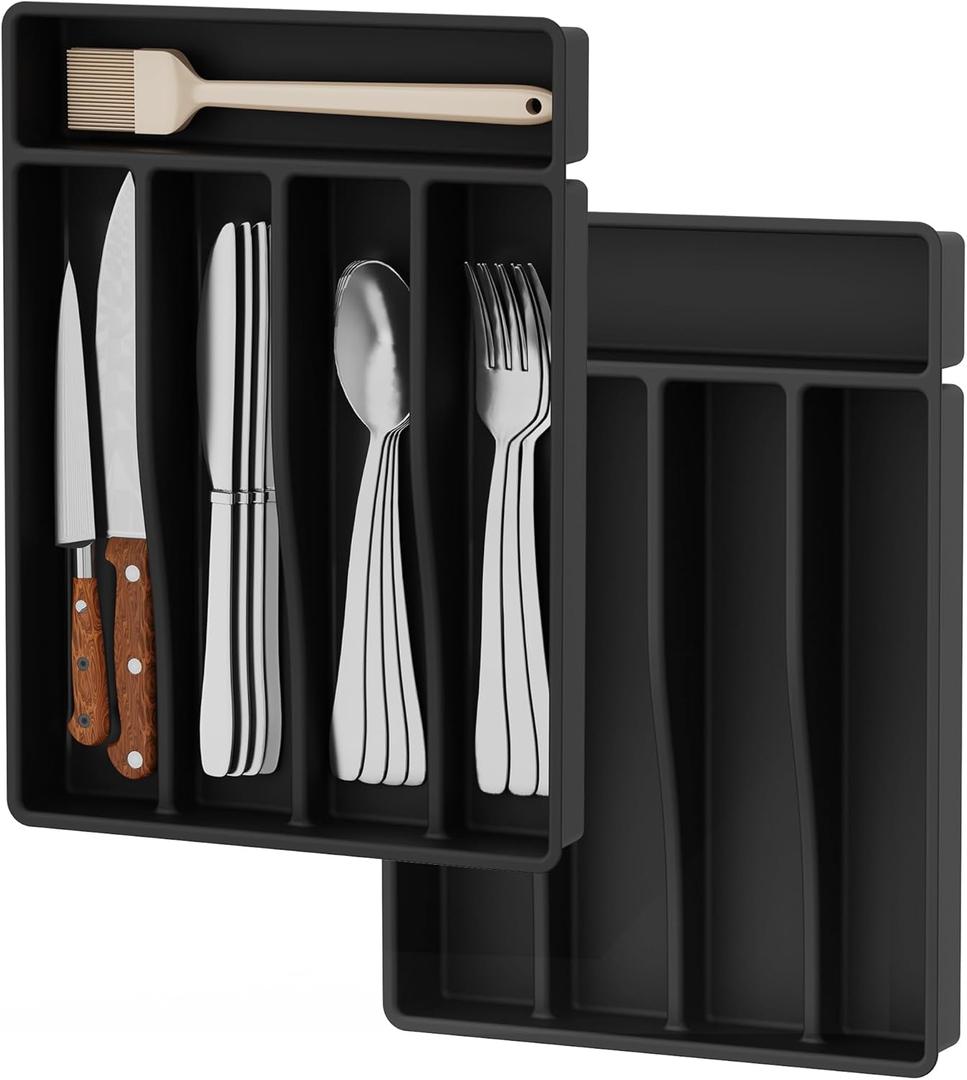 2 Pack Silverware Drawer Organizer Set, Silicone Silverware Holder, Kitchen Utensil Drawer Organization and Storage, Ideal Flatware&Cutlery Organizer withnot BPA, Dishwasher Safe (Black)