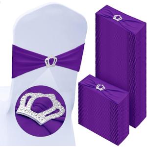 VitalCozy 100 Pcs Spandex Chair Sashes with Crown Buckle Slider Stretch Chair Bands Cover Ties for Wedding, Banquet, Gala, Corporate Event, Birthday Party, Baby Shower(Dark Purple)