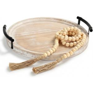 13" Round Decorative Wood Tray with Handles, Whitewashed Farmhouse Coffee Table Decor for Living Room, Entryway & Kitchen Island, Includes Bead Garland, Giftable Home Decor