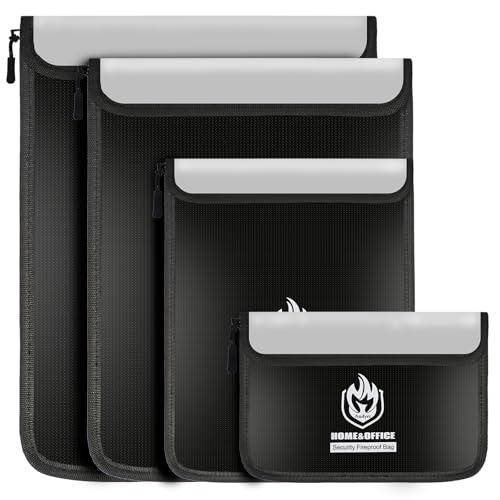 4 Pack Fireproof Document Bags, Waterproof Document Pouch Holder with Zipper, Fire Proof Money Bag for Cash, Fireproof Envelope Fire Safe Bag, Fire Resistant Storage for Legal/A4 Size (Black)