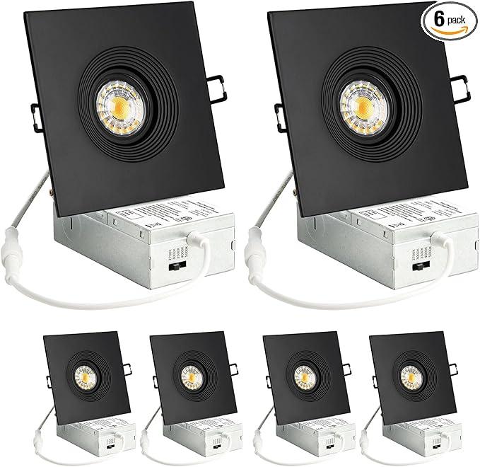 Wembanma 6 Pack 4 Inch Square LED Recessed Lighting, 8W Black Sloped Ceiling Recessed Light Fixture, 360° Eyeball Wafer Light for Directional Lighting, 5CCT Gimbal Downlight, 4 Inch 6 Pack Black