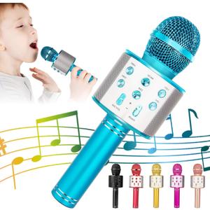 KIDWILL Wireless Bluetooth Karaoke Microphone for Kids, 5-in-1 Portable Handheld Karaoke Mic Speaker Player Recorder with Adjustable Remix FM Radio for Kids Girls Boys Teens Birthday (858-Blue)