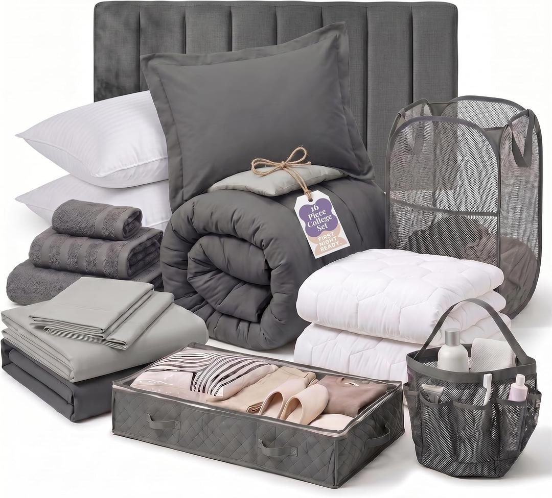 Hearth & Harbor 16 Piece Complete Dorm Room Set, Twin XL Comforter Set, Includes Sheet Set, Mattress Protector, Pillows, Headboard, Towels & Organizers - All Dorm Accessories Included, Regular Headboard