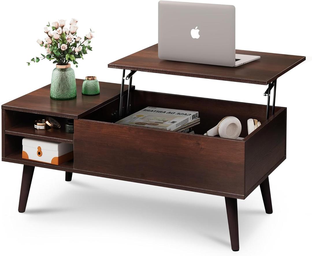 WLIVE Lift Top Coffee Table for Living Room, Small Coffee Table with Storage, Hidden Compartment and Adjustable Shelf, Mid Century Modern, Wood, Cherry, Espresso. (39.37"D x 19.69"W x 16.93"H)