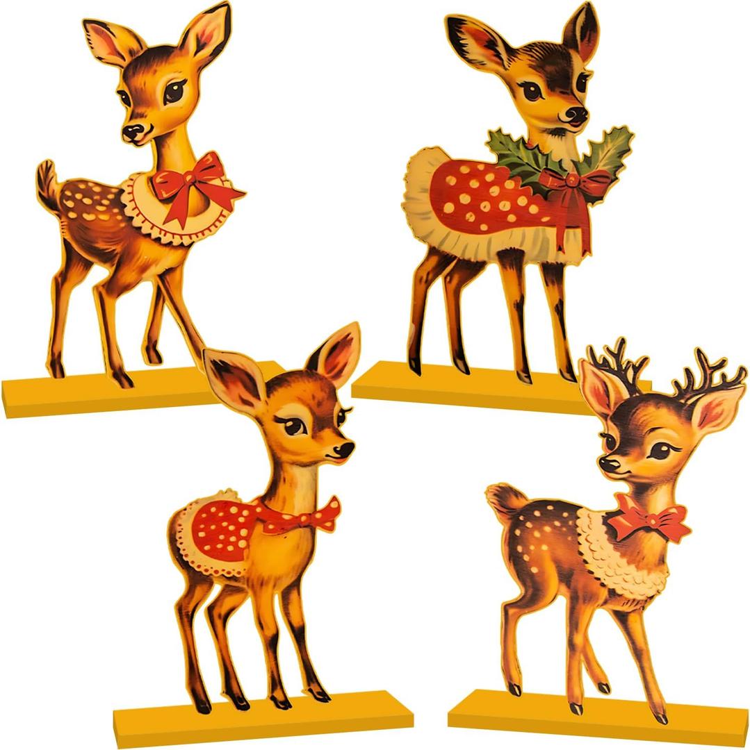 4pcs Vintage Christmas Decorations Table Wooden Centerpieces Christmas Theme Retro Sika Deer Table Decorations Tiered Tray Decor for Winter Holiday Dinner Party Decor